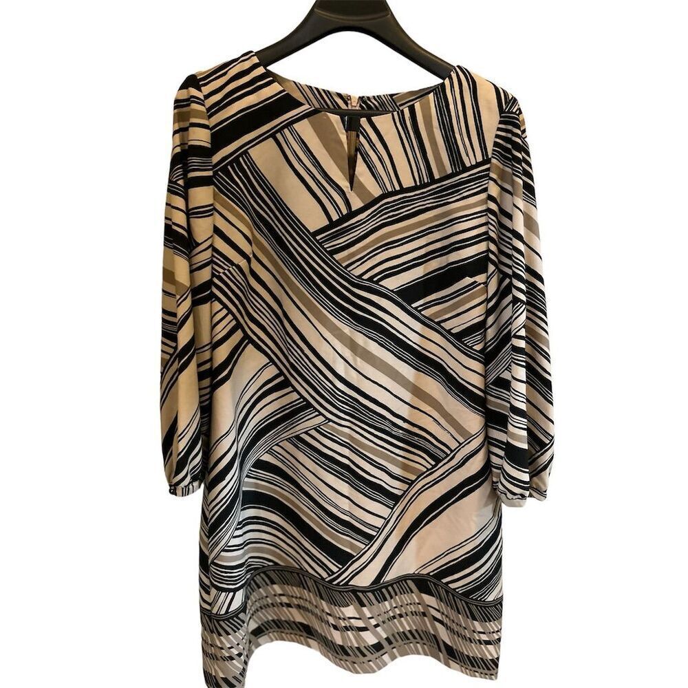 Tahari Women's 14 Shift Dress Tan Black‎ Geometric Striped Knee Length